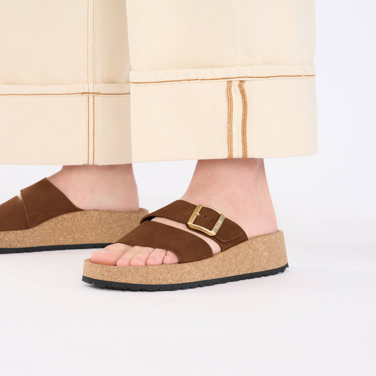 Birkenstock Almina Dark Tea Nubuck Leather on model 2