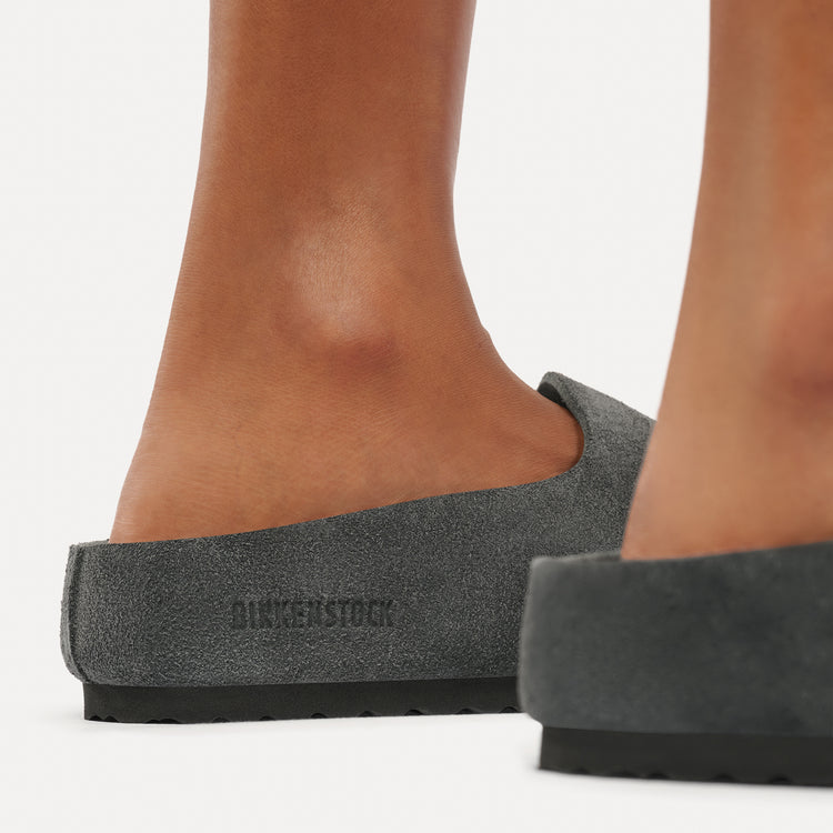 Birkenstock Australia Amsterdam Wrapped Charcoal Suede Leather On Model 2