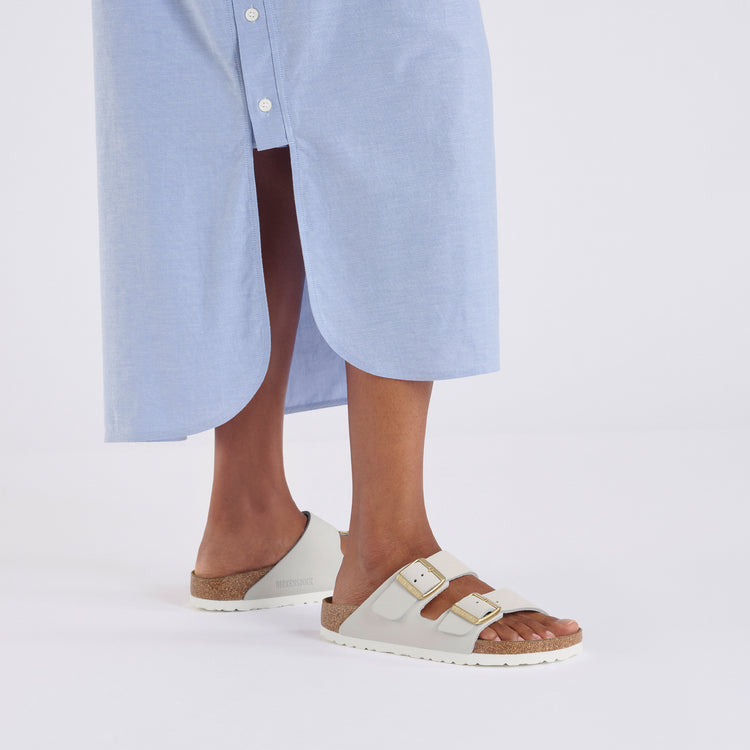 Birkenstock Arizona Antique White Nubuck Leather on model