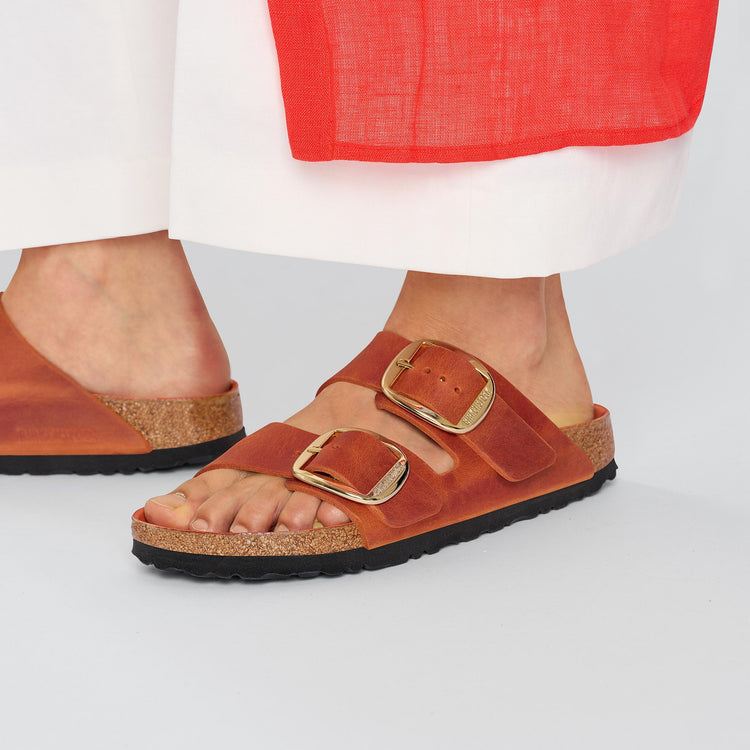 Birkenstock Arizona Big Buckle Burnt Orange Oiled Leather on model 2