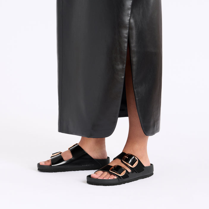 Birkenstock Arizona Big Buckle Exquisite High Shine Black Natural Leather Patent on model