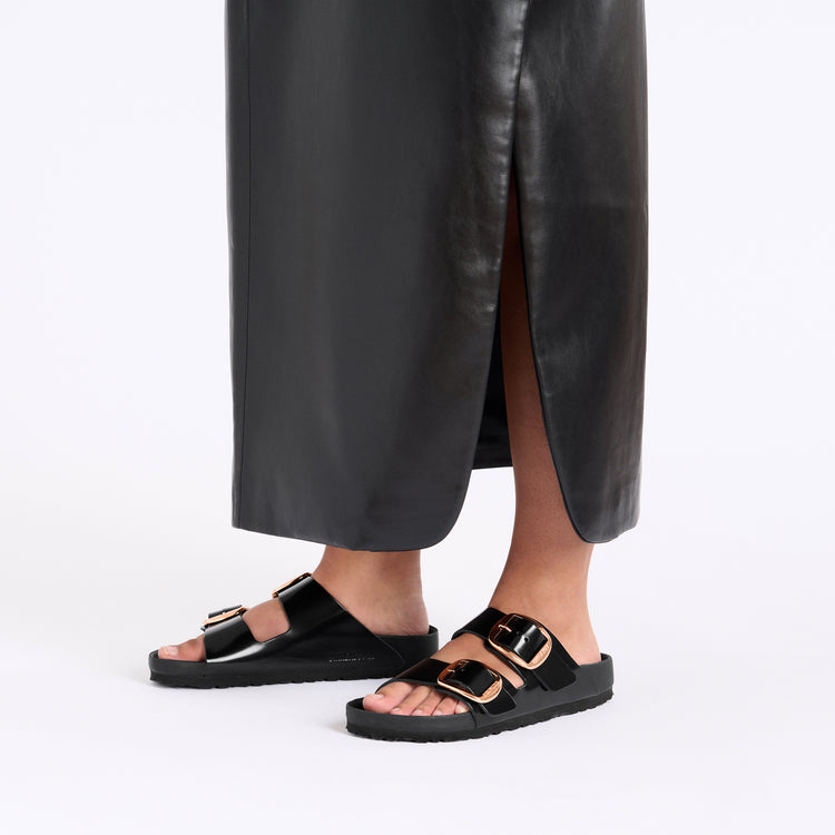Birkenstock Arizona Big Buckle Exquisite High Shine Black Natural Leather Patent on model