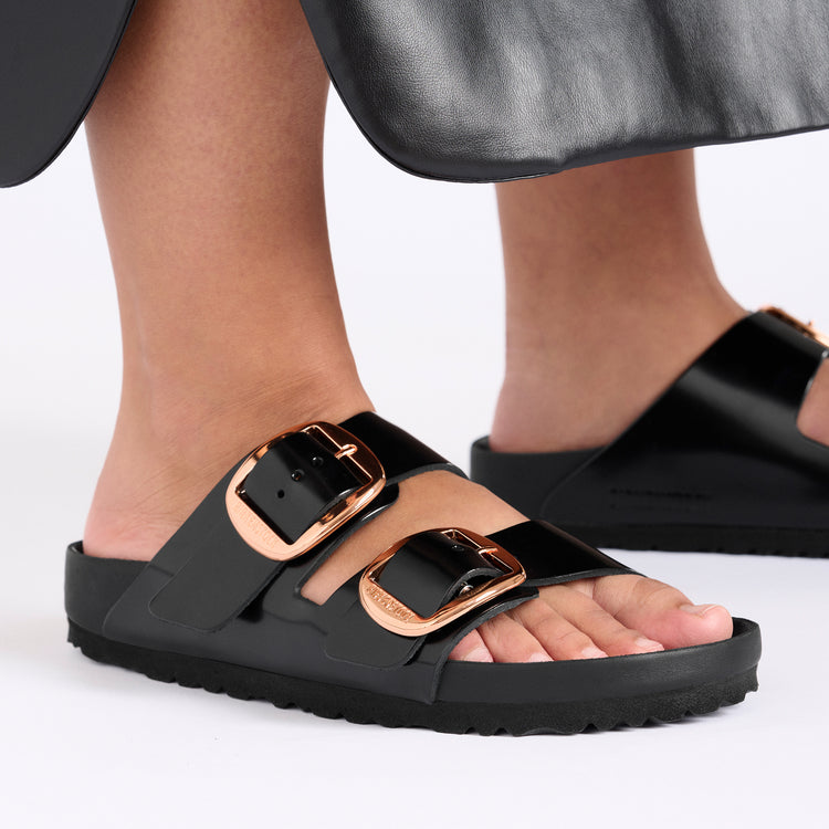 Birkenstock Arizona Big Buckle Exquisite High Shine Black Natural Leather Patent on model close up