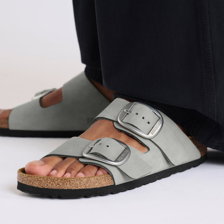 Birkenstock Arizona Big Buckle Pure Sage Nubuck Leather on model close up