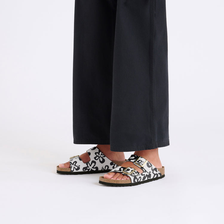 Birkenstock Arizona Blooms White Black Birko Flor on model 1