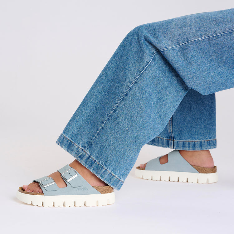 Birkenstock Arizona Chunky Baby Blue Suede Leather on model