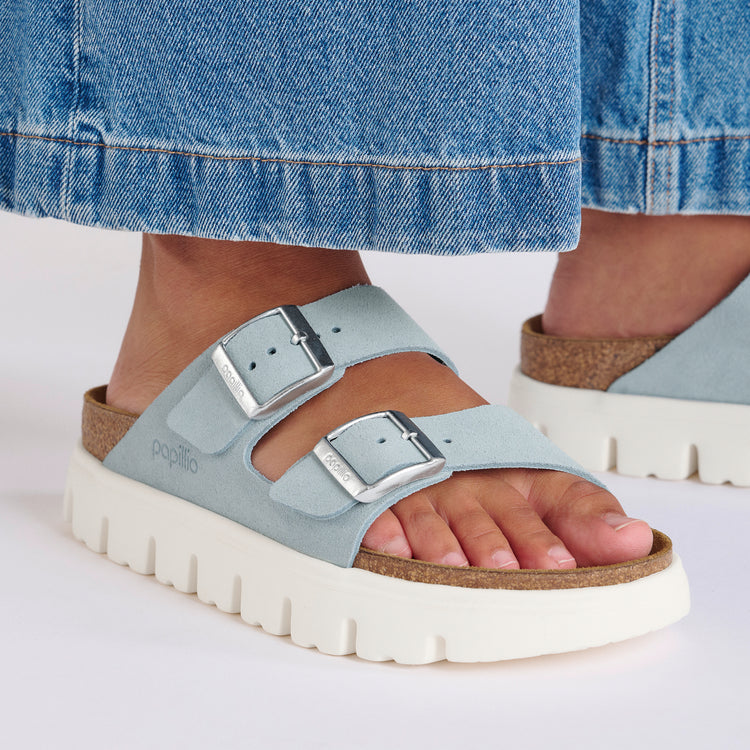 Birkenstock Arizona Chunky Baby Blue Suede Leather on model close up