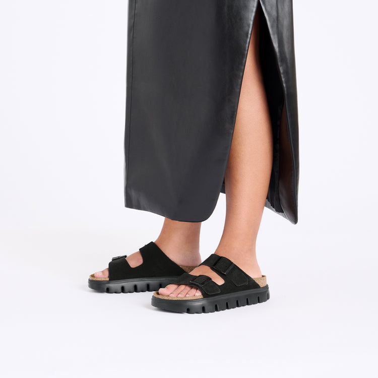 Birkenstock Arizona Chunky Black Suede Leather on model 1