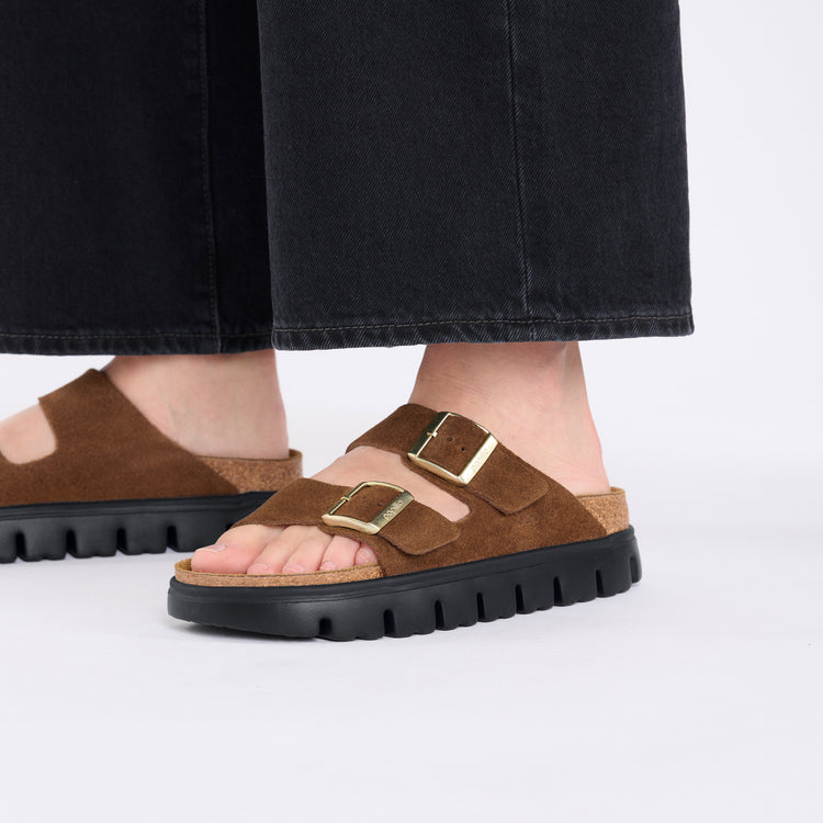 Birkenstock Arizona Chunky Dark Tea Suede Leather on model 2