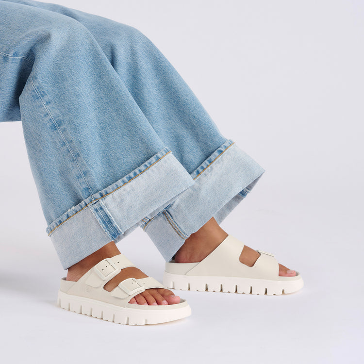 Birkenstock Arizona Chunky Exquisite Eggshell Smooth Leather on model