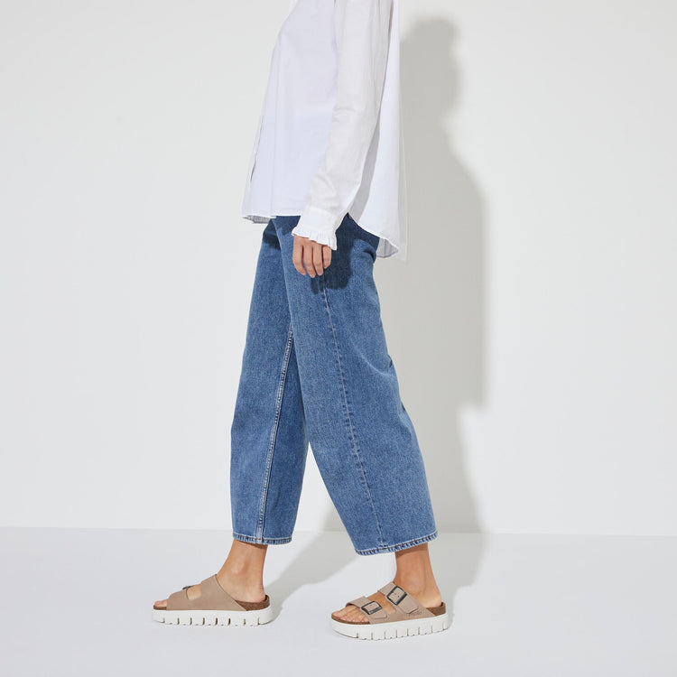 Birkenstock Arizona Chunky Warm Sand Suede Leather on model 1