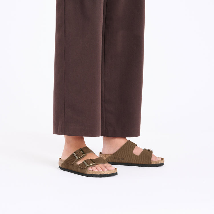 Birkenstock Arizona Corduroy Dark Tea Embossed Suede Leather on model 1