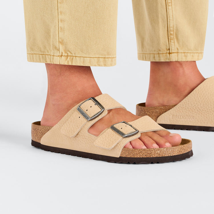 Birkenstock Arizona Desert Buck New Beige Nubuck Leather on model 2
