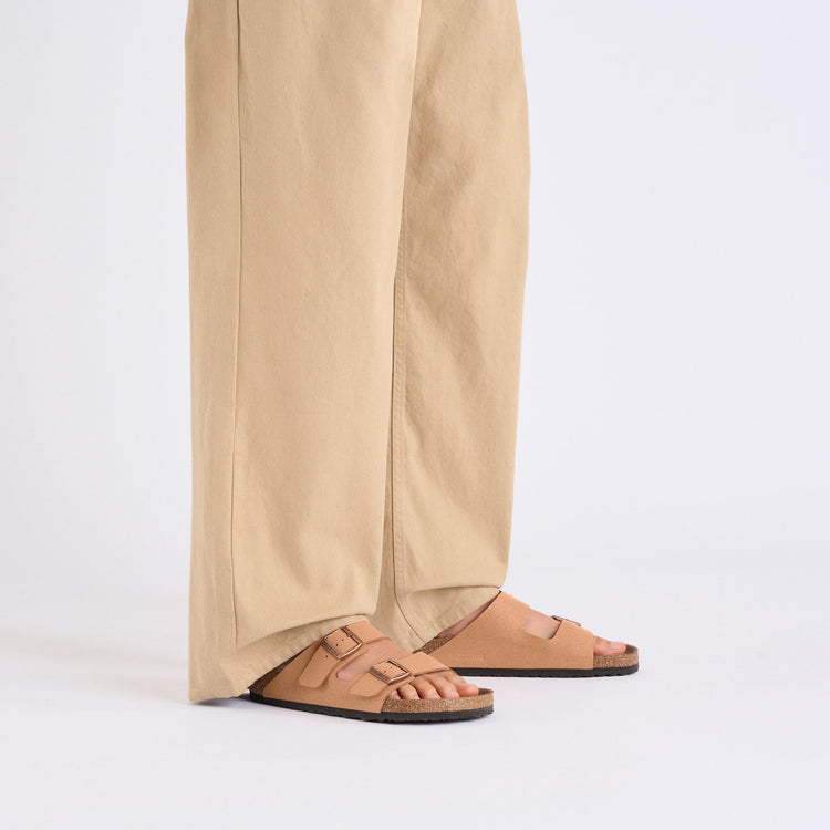 Birkenstock Arizona Earthy Vegan Pecan Birkibuc on model 1