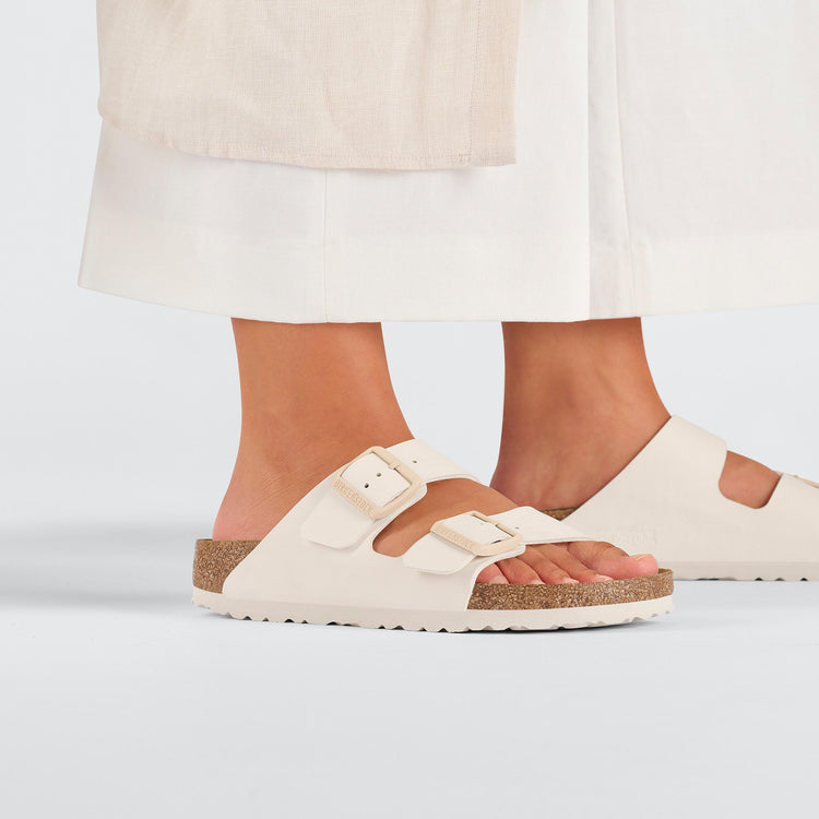 Birkenstock Arizona Eggshell Birko Flor on model 2