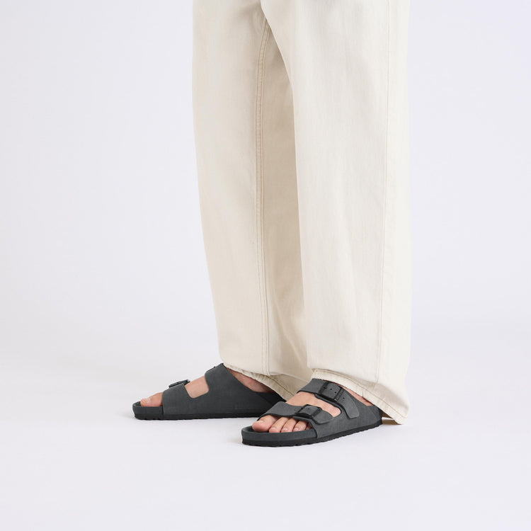 Birkenstock Arizona Exquisite Charcoal Suede Leather on model 1