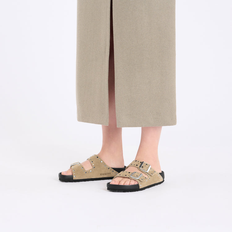 Birkenstock Arizona Exquisite Rivets Taupe Suede Leather on model 1