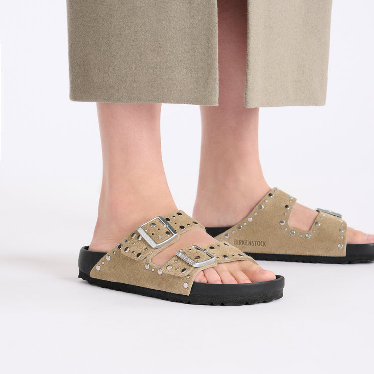 Birkenstock Arizona Exquisite Rivets Taupe Suede Leather on model 2