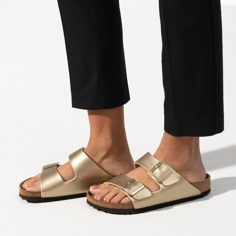 Birkenstock Arizona Gold Birko-Flor on model close up