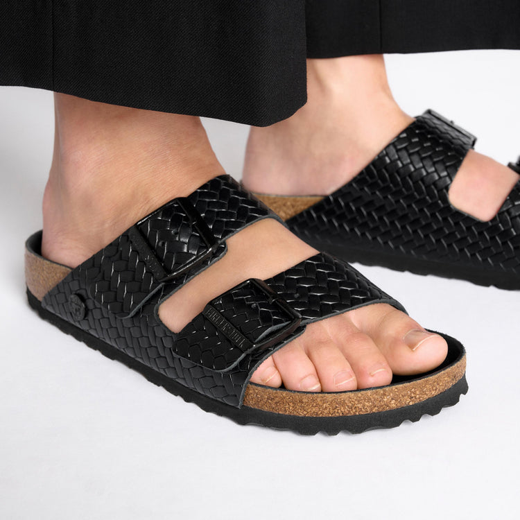 Birkenstock Arizona Semi Exquisite Woven Emboss Black Smooth Leather on model 2