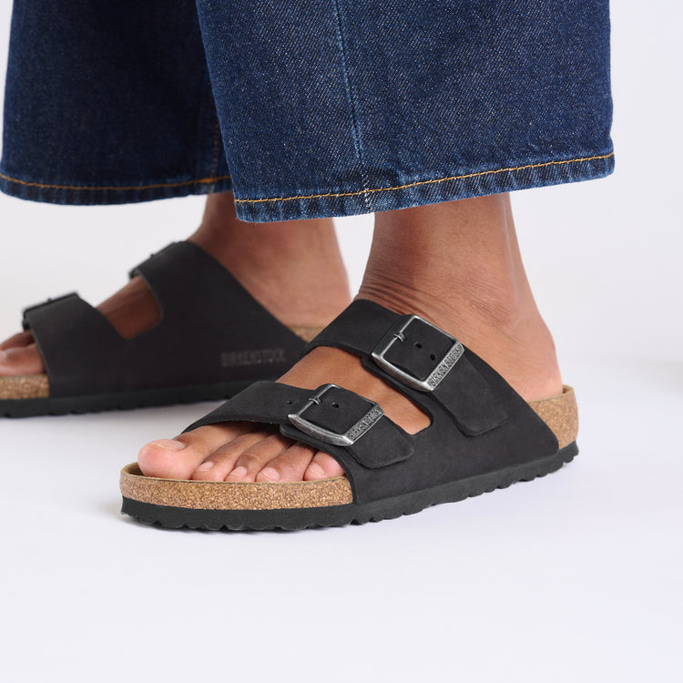 Birkenstock Arizona Soft Footbed Black Nubuck Leather on model 2