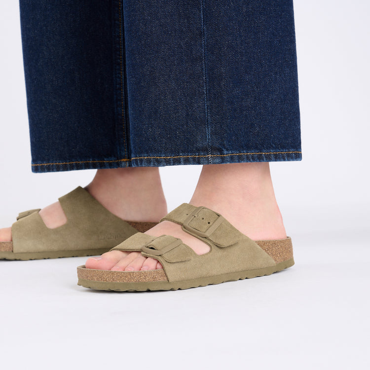 Birkenstock Arizona Soft Footbed Faded Khaki Suede Leather on model 2