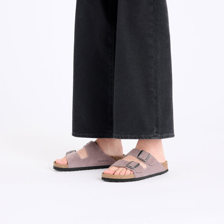 Birkenstock Arizona Soft Footbed Faded Purple Suede Leather on model 1