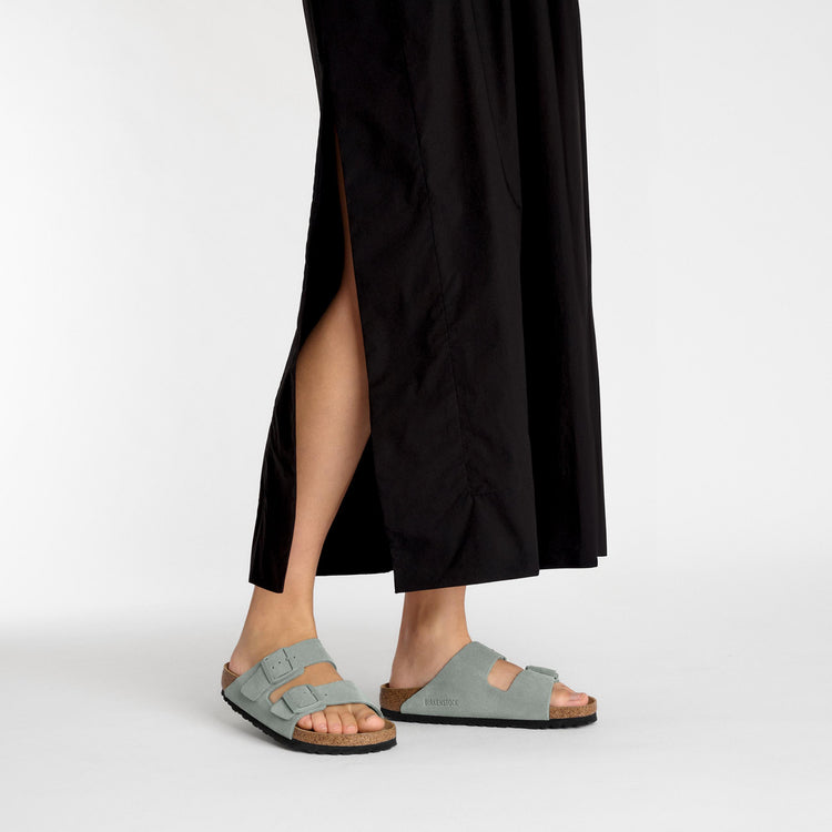 Birkenstock Arizona Soft Footbed Pure Sage Suede Leather on model 1