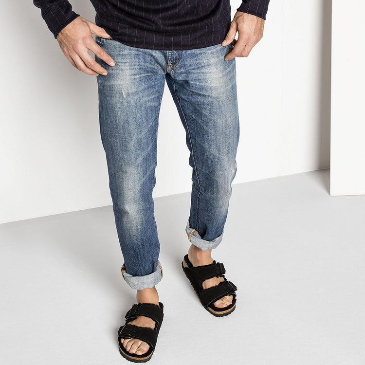 Birkenstock Arizona Shearling Black Suede Leather Shearling on model 2