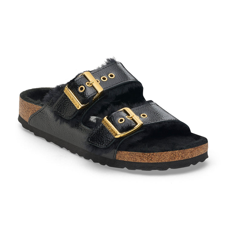 Birkenstock Arizona Shearling Natural Leather Patent/Shearling Naplak Black