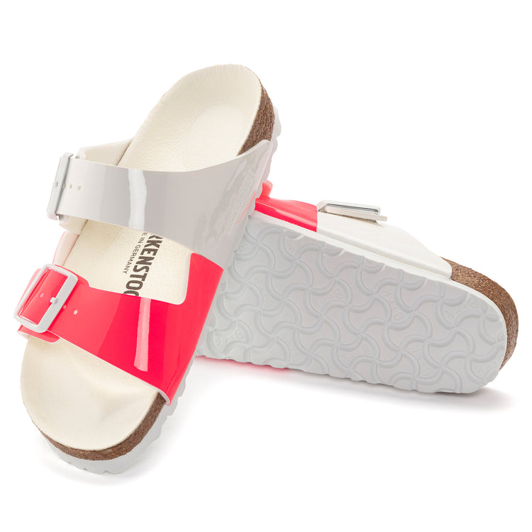 Birkenstock Arizona Vegan Split Neon Pink/White Birko-Flor Patent sole view