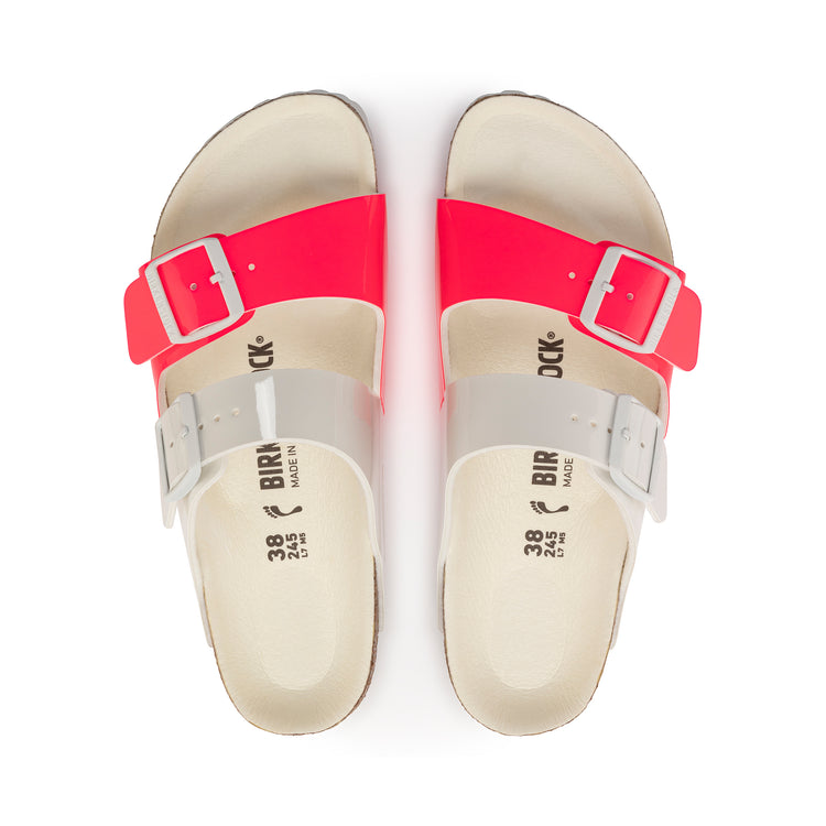 Birkenstock Arizona Vegan Split Neon Pink/White Birko-Flor Patent top view