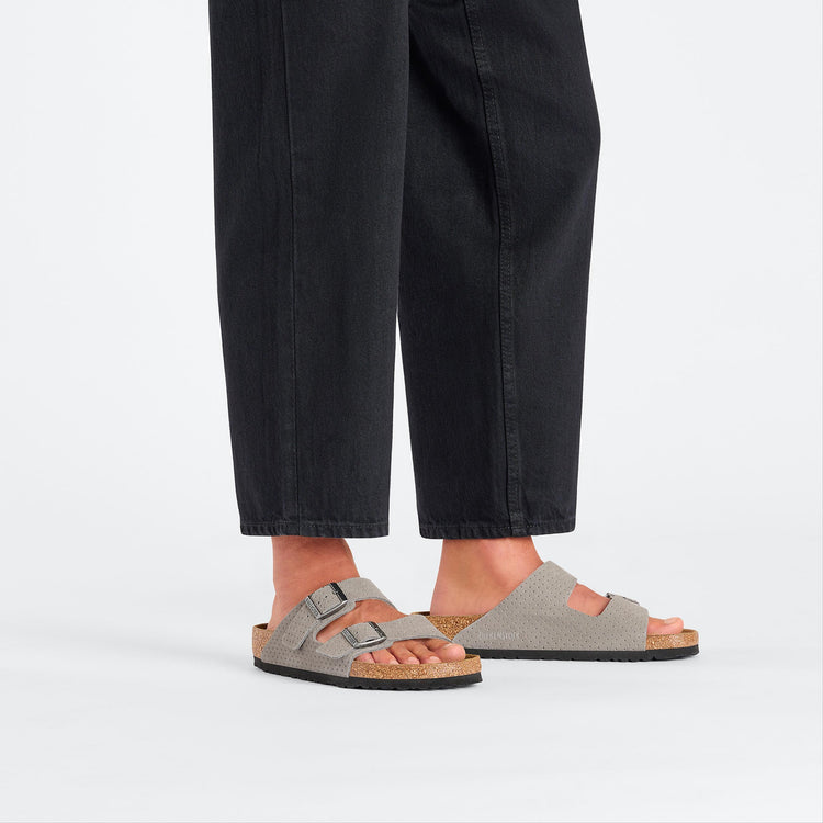 Birkenstock Arizona Stone Coin Embossed Suede Leather on model 1