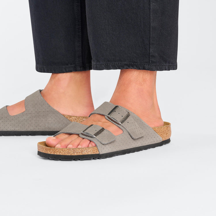 Birkenstock Arizona Stone Coin Embossed Suede Leather on model 2
