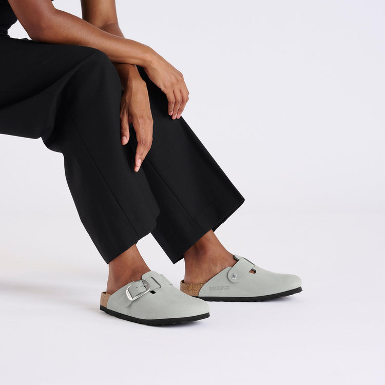 Birkenstock Boston Big Buckle Pure Sage Nubuck Leather on model 1