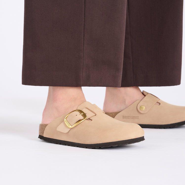 Birkenstock Boston Big Buckle Sandcastle Nubuck Leather on model 2