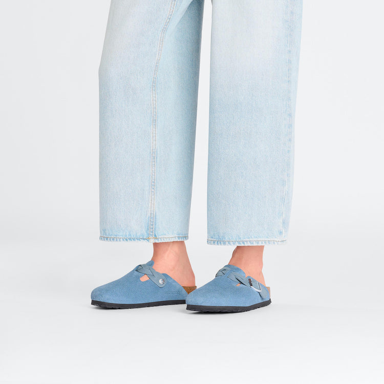 Birkenstock Boston Braided Elemental Blue Suede Leather on model 1