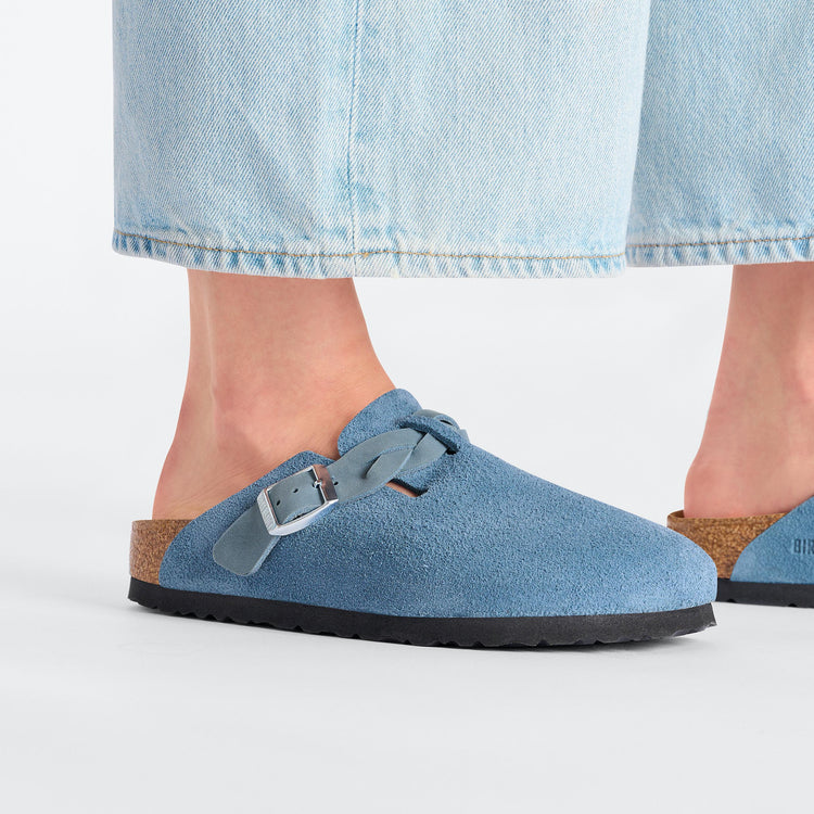 Birkenstock Boston Braided Elemental Blue Suede Leather on model 2