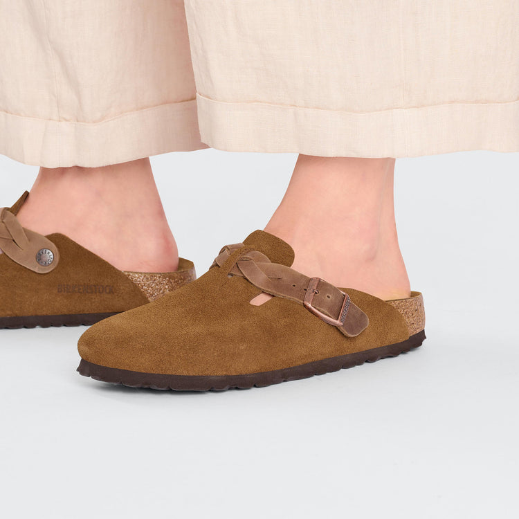 Birkenstock Boston Braided Mink Suede Leather on model 2