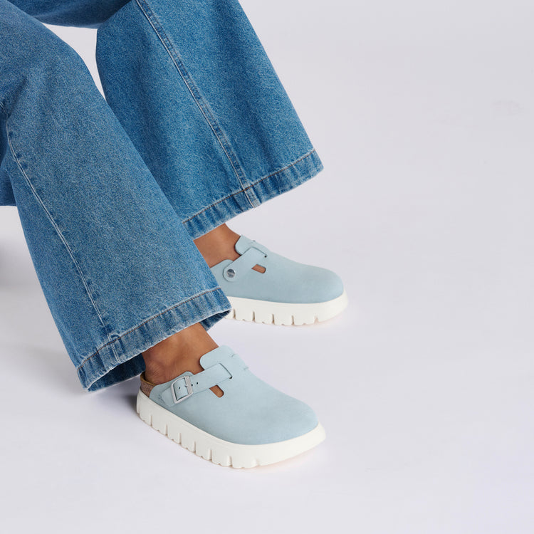 Birkenstock Boston Chunky Baby Blue Suede Leather on model 1