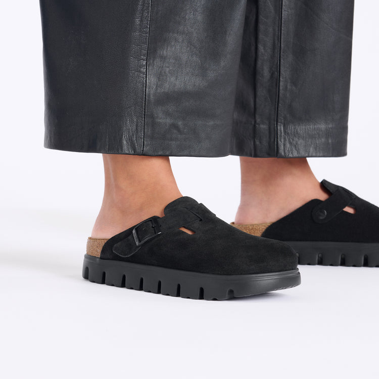 Birkenstock Boston Chunky Black Suede Leather on model 2