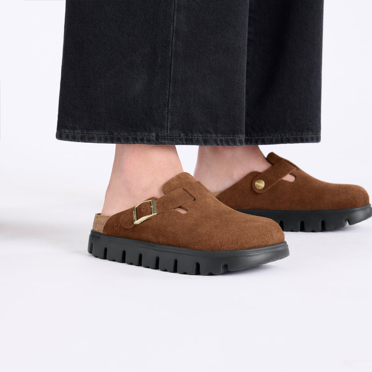 Birkenstock Boston Chunky Dark Tea Leather on model 2