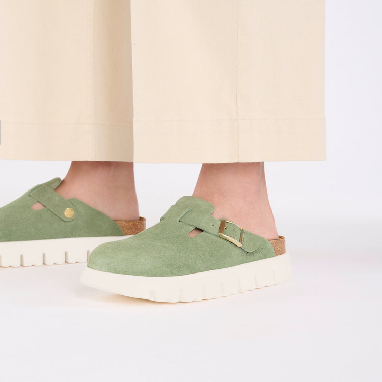 Birkenstock Boston Chunky Green Tea Leather on model 2