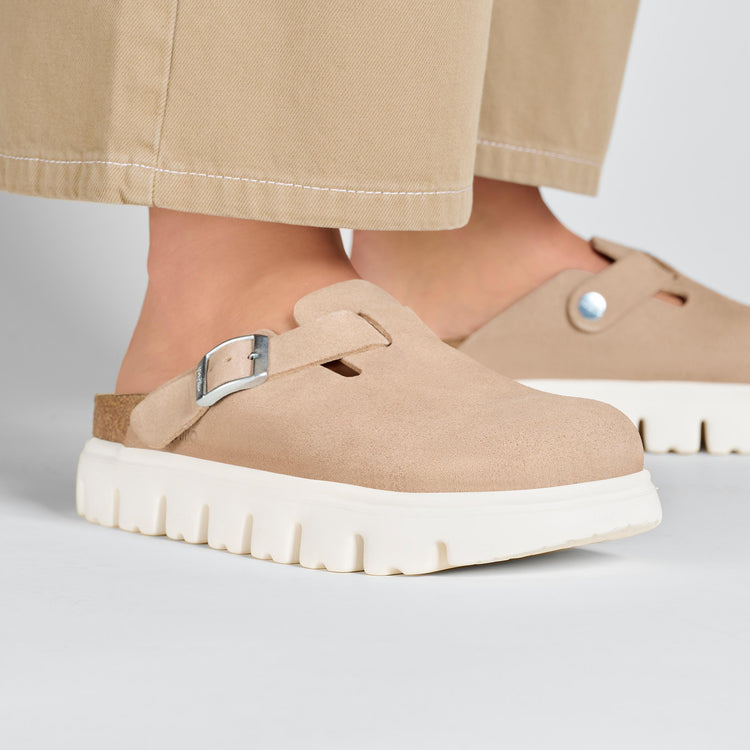 Birkenstock Boston Chunky Warm Sand Leather on model 2