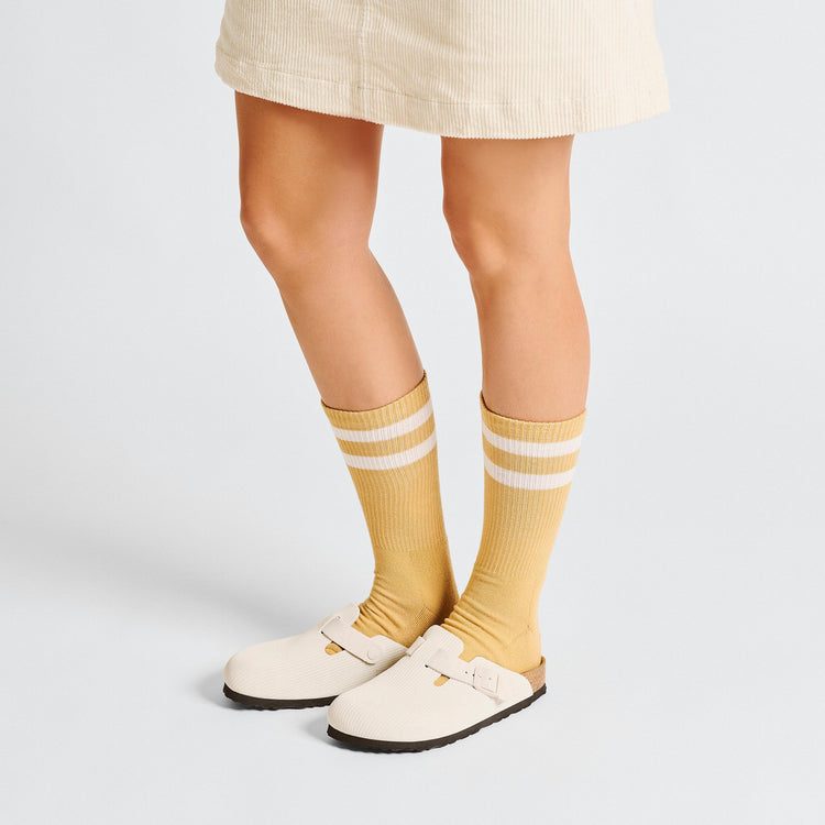 Birkenstock Boston Corduroy Antique White Embossed Suede Leather on model 1