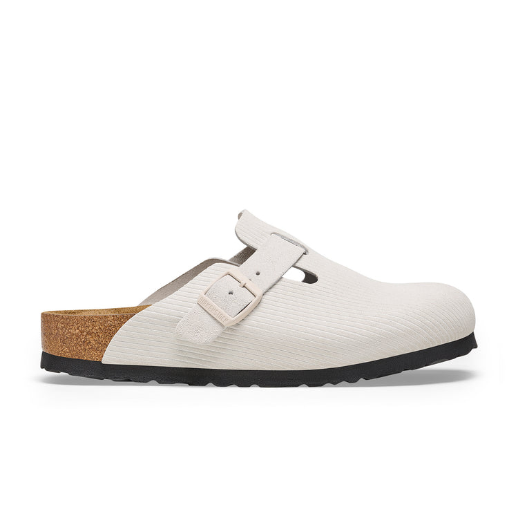 Birkenstock Boston Corduroy Antique White Embossed Suede Leather side view