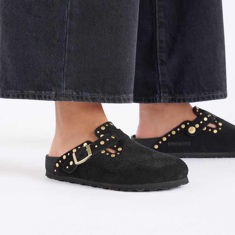 Birkenstock Boston Exquisite Rivets Black Suede Leather on model 2