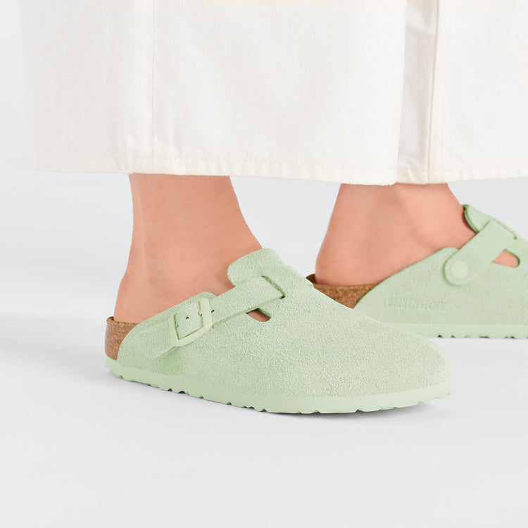 Birkenstock Boston Faded Lime Suede Leather on model 2
