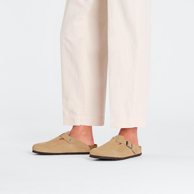 Birkenstock Boston New Beige Embossed Suede Leather on model 1