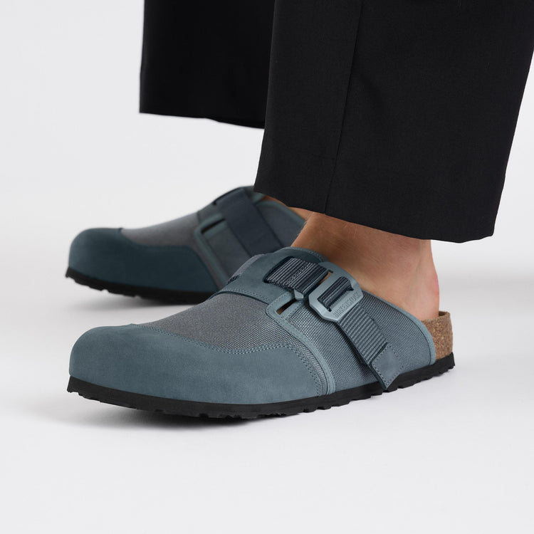Birkenstock Boston Nova Basalt Grey Textile Nubuck Leather on model 1